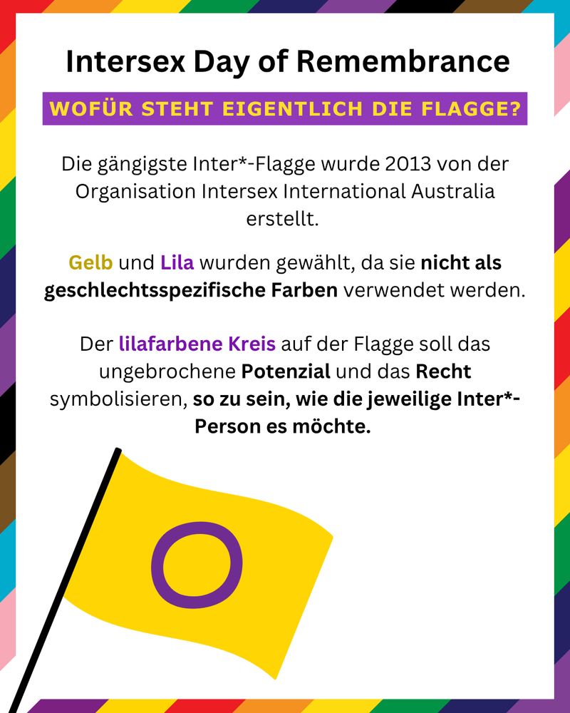 Die inter*-Flagge ist gelb mit einem lila Kreis darauf. Die Farben wurden gewählt, weil sie nicht geschlechtspezifisch verwendet werden. Der lilane Kreis soll das ungebrochene Potenzial und das Recht symbolisieren, so zu sein, wie die jeweilige inter*-Person es möchte