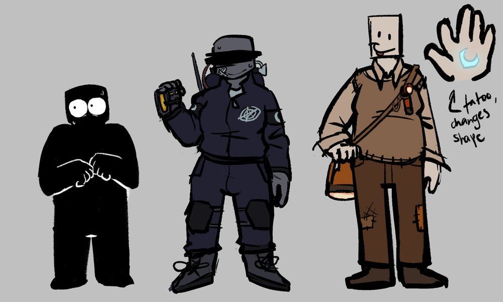 A lineup of the Endless Torment Trio. From left to right, is John, EXR-P, and Tourist. The text near the hand reads, "tatoo, changes shape."