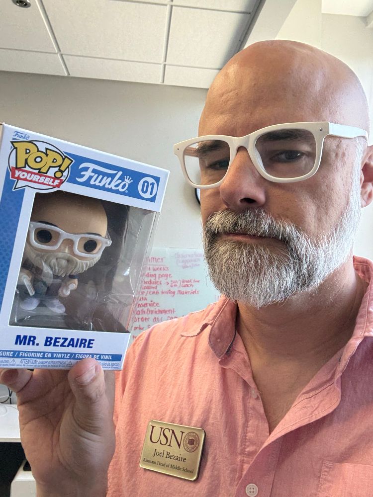 Me with a custom funko pop that is a perfect likeness.  White glasses, old man beard, bald, holding a baseball. “Mr. Bezaire” on the box. 

