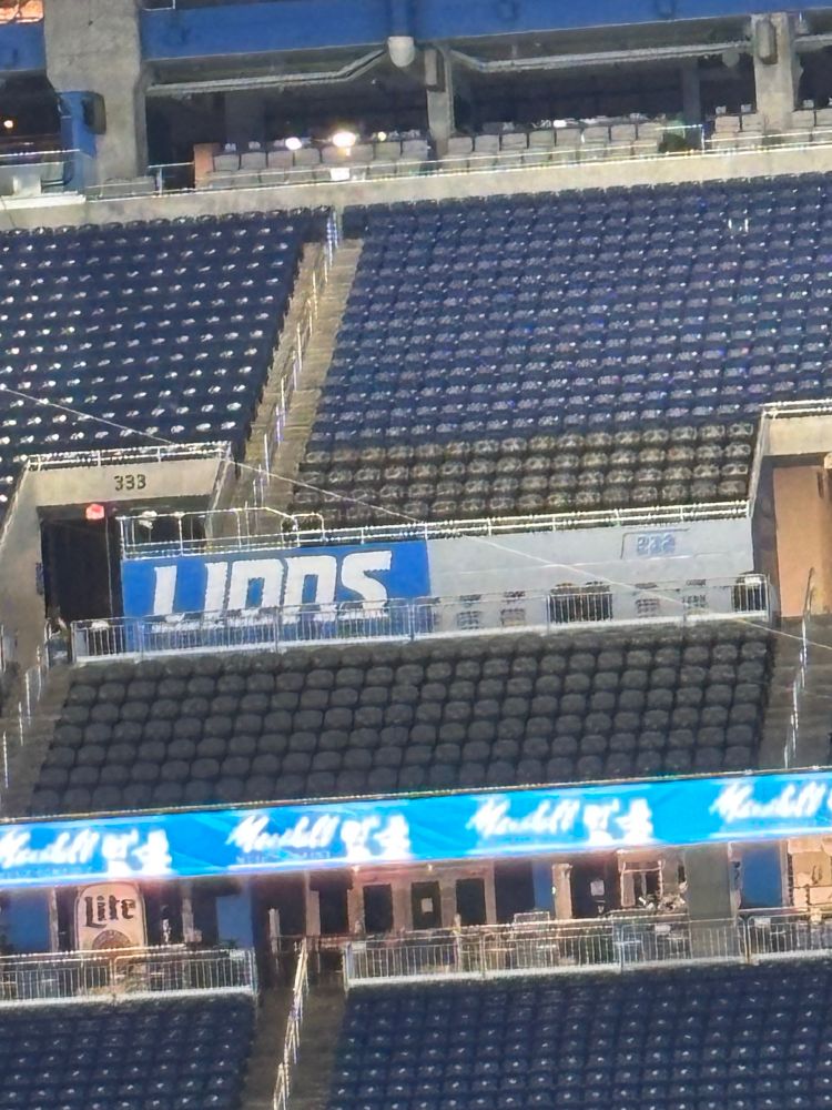 A zoomed in photo of the upper section of Ford Field with a Lions banner against the wall. 