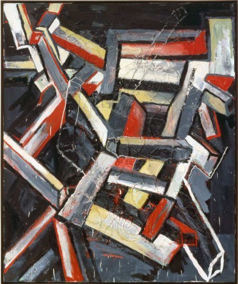 Ein Gemälde Martin Kippenbergers, bei dem verschiedene Streben eindeutig ein Hakenkreuz Formen.