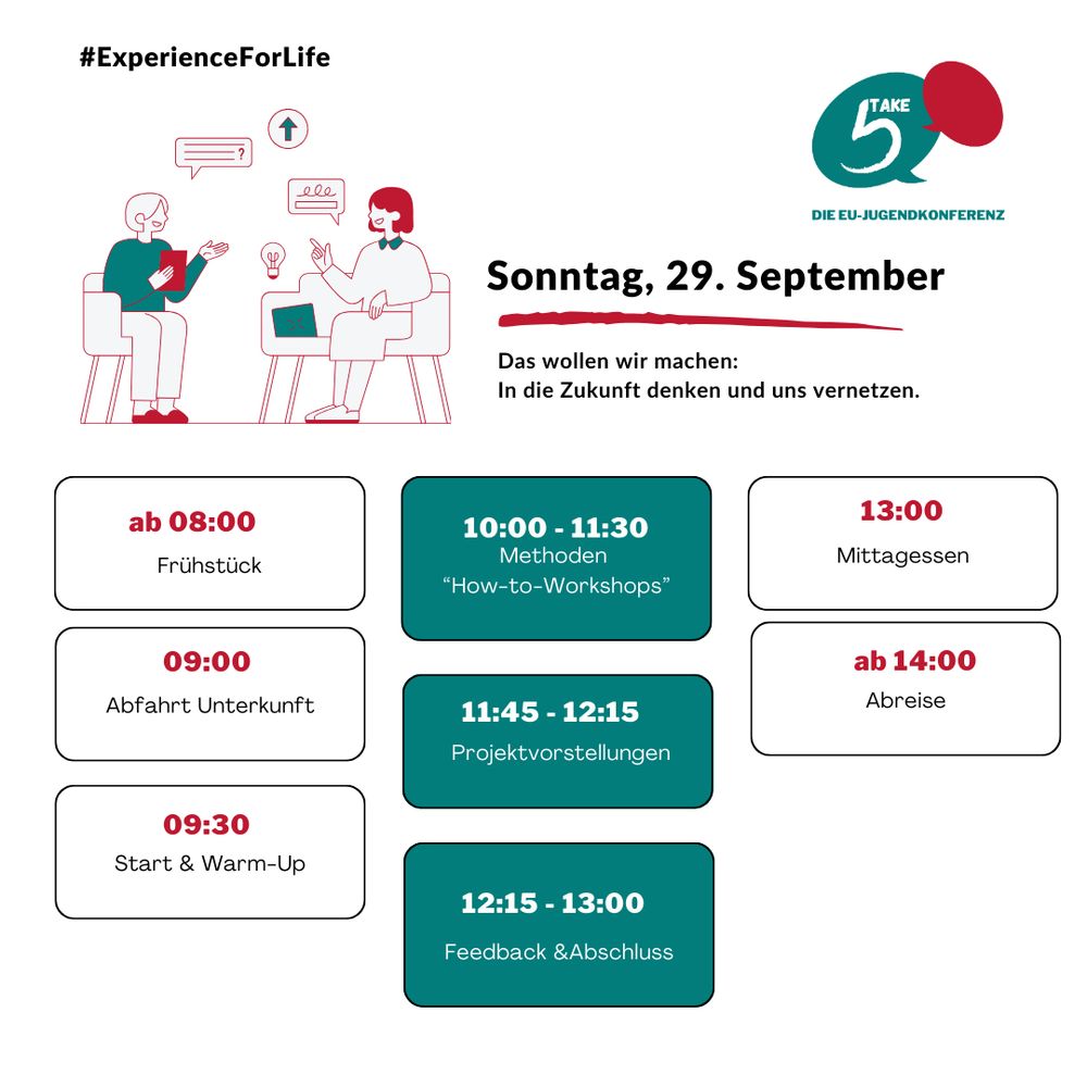 Programm für Sonntag, den 29.09.24. Alle Programmpunkte sind auch unter www.ljrmv.de/take-5 auffindbar.