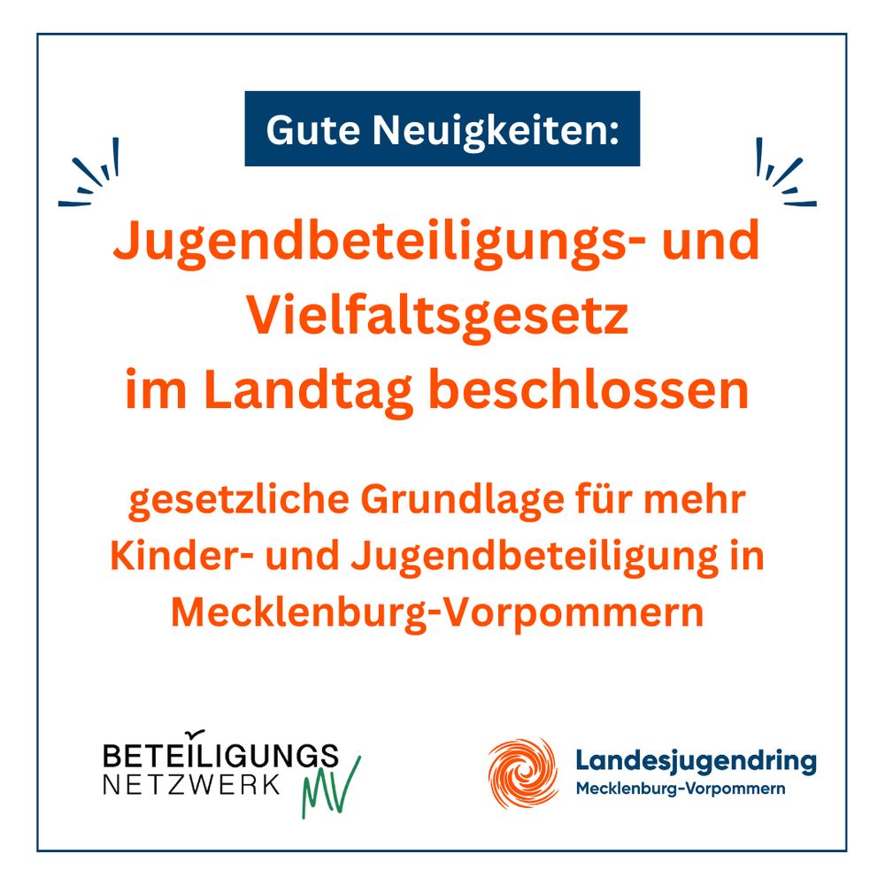 Text auf Grafik: "Gute Neuigkeiten Jugendbeteiligungs- und Vielfaltsgesetz im Landtag beschlossen. gesetzliche Grundlage für mehr Kinder- und Jugendbeteiligung in Mecklenburg-Vorpommern" Darunter die Logos vom Beteiligungsnetzwerk MV und dem Landesjugendring Mecklenburg-Vorpommern