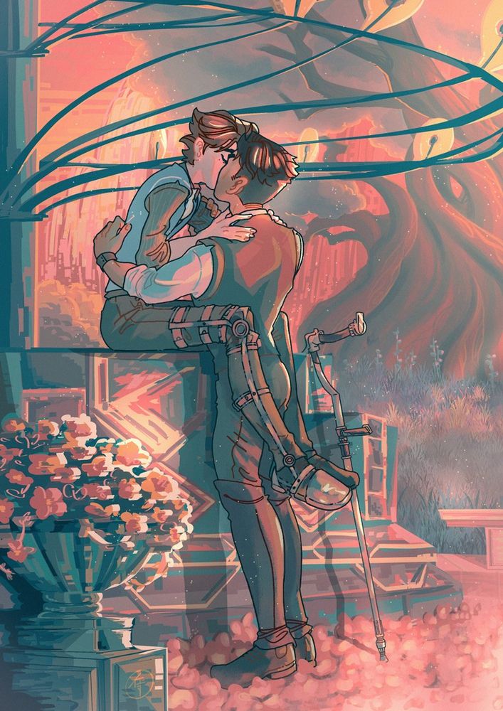 Jayce and Viktor kissing while Viktor is sitting on the wind decorative structure in the Park of Innovation of Piltover~