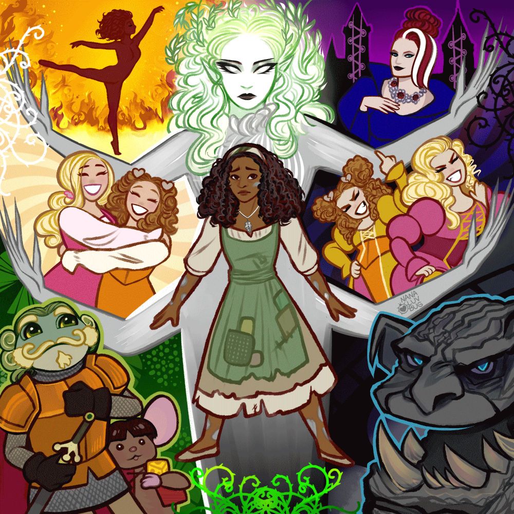 [ID: A looped video of Cinderella from Starkid's musical Cinderella's Castle cycling through four outfits. The first is a patchy and worn. The second is a plain dress with a green overcoat. The third is a sparkling green ballgown. The fourth is a regal  green medieval dress and a prominent gold crown. In the background, a tall white-faced fae with white green hair and four arms stands directly behind Cinderella and divides the background into six sections. In the bottom left stands a frog knight and small mouse squire. The middle left image shows a blonde woman and brunette woman hugging with a light background. The top left image shows a feminine silhouette dancing against a background of fire. The top right image shows a red headed woman with white striped hair. The middle right image shows the same blonde and brunette women with messy hair posing raunchily against a dark background. The bottom right image shows a large rocky troll head. End ID.]