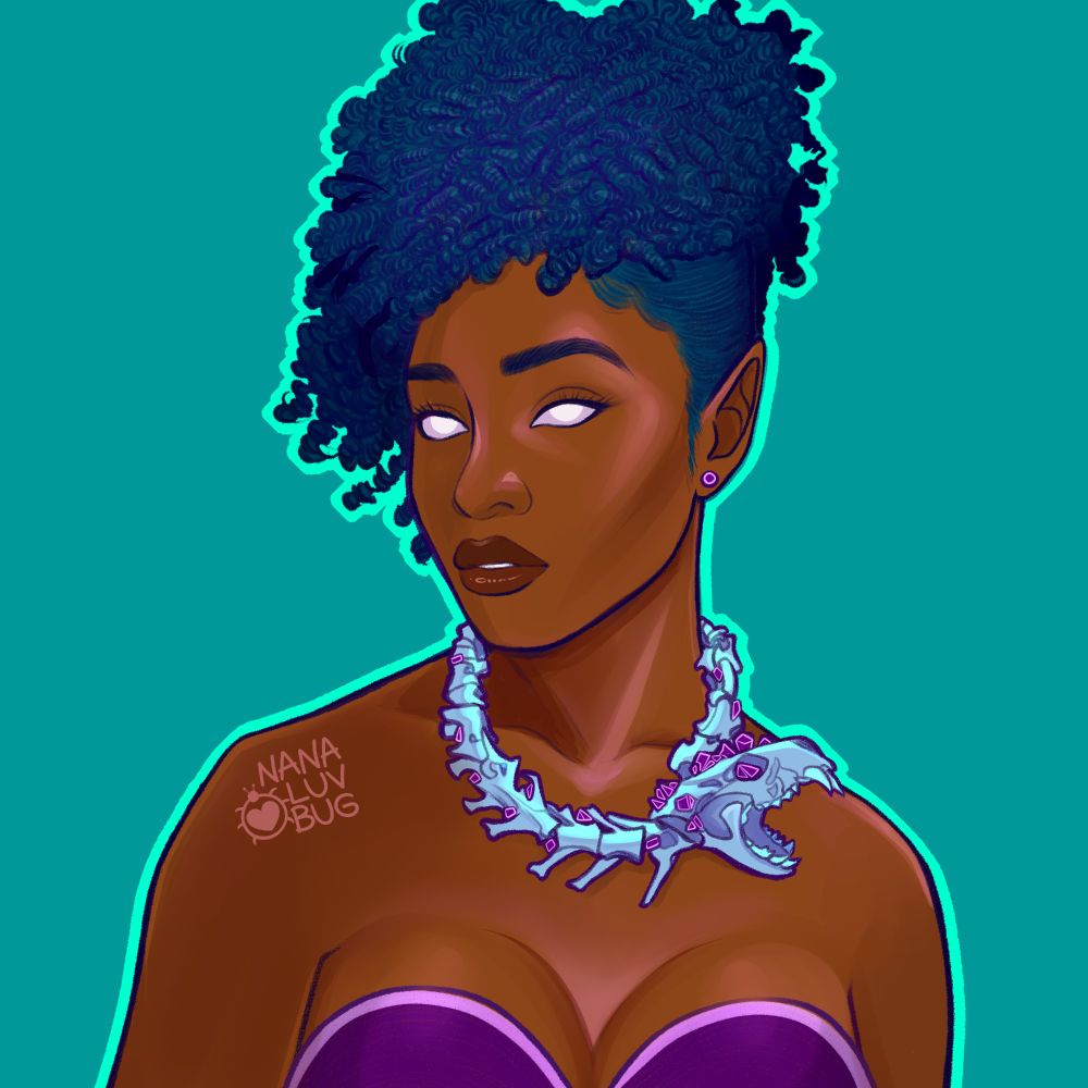 Three digital art images of black women with animal bones. A dark-skinned black woman with pointed ears and curls piled on top of her head. She has white pupil-less eyes and choker fashioned out the spine and skull of a mink. She wears a violet strapless top and is set against a teal background. 