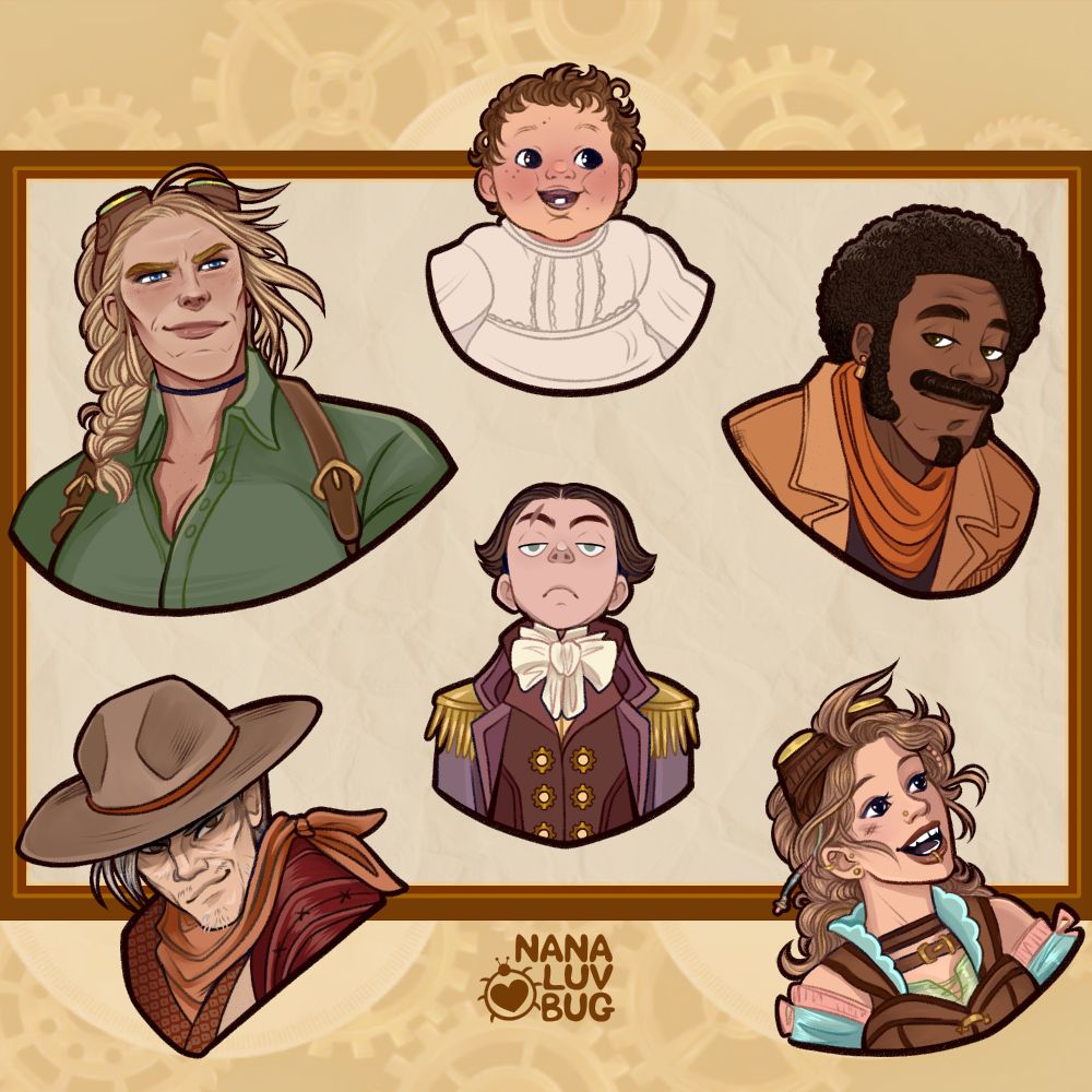 [ID: An animated digital fanart piece for Dimension 20's series, Cloudward, Ho! The image depicts six figures and a twenty year time-skip. There are older and younger versions of all the characters, an animated cloud transitions between the designs. First is Van Chapman (young: a large blonde white woman with a ruddy tan - old: a large gray-haired white woman wearing a brown bowler hat). Second is Olethra MacLeod (young: a smiling brunette infant - old: a bright eyed optimistic-looking brunette white woman). Third is Montgomery LaMontgommery (young: a suave-looking black man with an orange scarf - old: a white-haired black man wearing an adventurer's hat and half-rimmed glasses). Fourth is Daisuke Bucklesby (young: an old Japanese gunslinger wearing a cowboy hat - old: an even older Japanese gunslinger wearing Pince-nez glasses) Fifth is Maxwell Gotch (young: an adolescent boy wearing a burgundy suit and golden epaulets old: a large, aggressive looking white gentleman dressed in a burgundy suit. Last is Marya Junková (young: a young bright eyed, gap-toothed, smiling white woman - old: a haunted and gaunt white woman wearing a pilot's cap. End ID.]