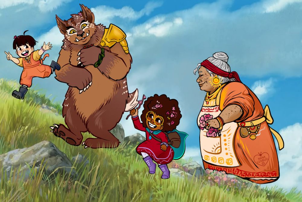 [background is a screencap from Howl’s Moving Castle (2004)] ID: a digital illustration of the Children's Adventure from the Worlds Beyond Number podcast. four characters walk up a grassy hill on a sunny day. from left to right, the characters are Ame (a small east asian girl with a dark bowlcut smiles wide - with a missing tooth - and points ahead. she wears an orange and yellow jumper, striped socks, dark boots, and a pink sakura flower friendship bracelet) Eursulon (a tall furry brown creature walking on his hind legs seems pre-occupied with a trio of ladybugs on his large paw. he has a pink flower tucked behind owl like tufts of ears, two tusks emerge from his feline mouth and his brown fur is dotted with light spots to depict his youth. he has hazel/yellow eyes, wears a golden pauldron on his left shoulder and a deep green vine friendship bracelet.) Suvi (a small medium-brown-skinned black girl with a large afro dotted with pink flowers and a pencil. she smiles, genuinely, and wears large golden glasses, a red dress, a teal cape, brown bag, lavender boots, and a soft lavender flower friendship bracelet.) and Grandma Wren (a wide, old, light brown skinned witch smiles at the children. she has silver hair tied in a high bun with a red scarf around her forehead. she wears an orange dress with a summer-themed apron, golden jewelry, and holds pink flowers in her hand. a golden censer dangles from her witch's belt.
