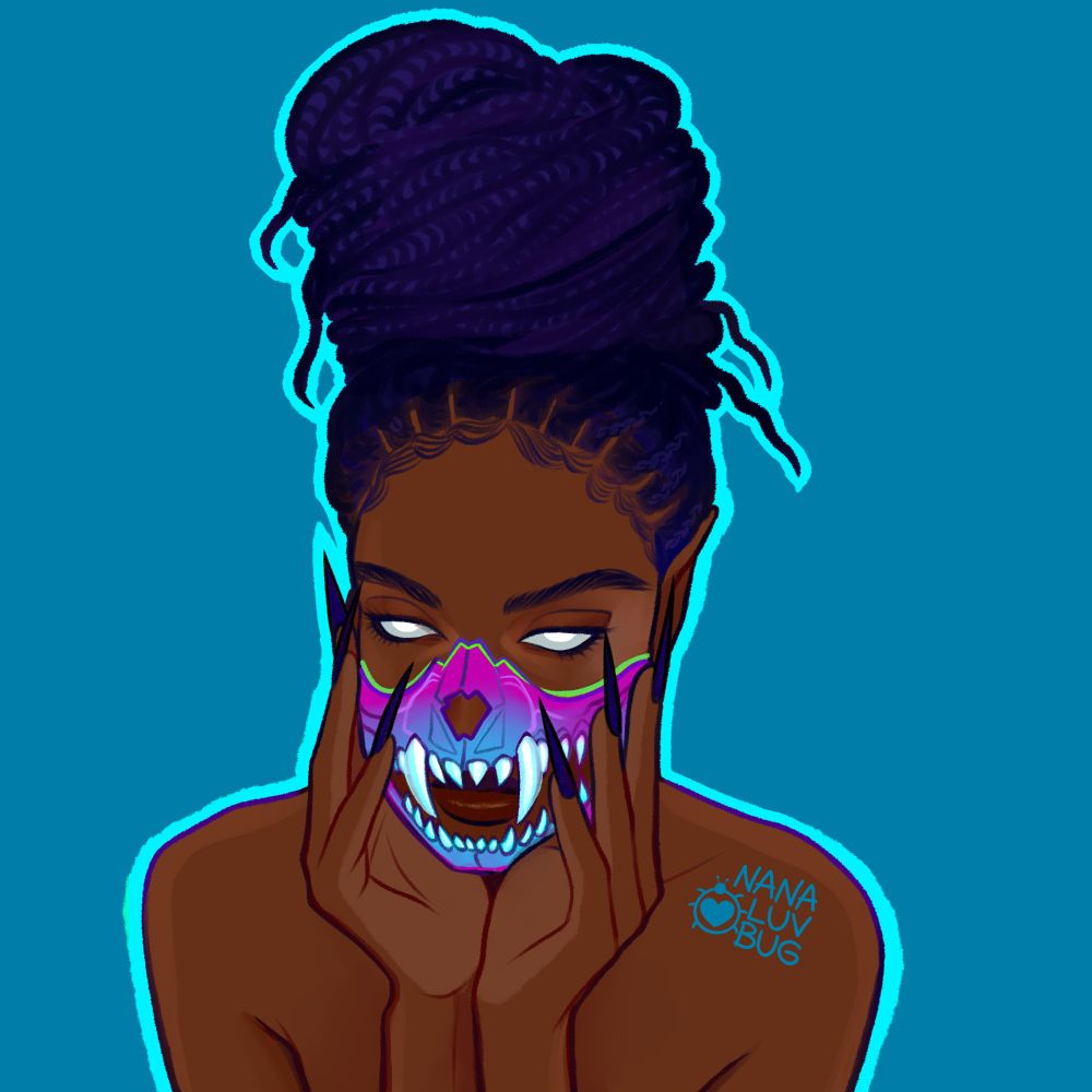 Three digital art images of black women with animal bones. A dark-skinned black woman with dark locs piled into a high bun. She has white pupil-less eyes and her face is covered by the jaw bones of a large cat. She is set against a blue background.