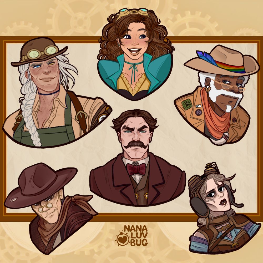 [ID: An animated digital fanart piece for Dimension 20's series, Cloudward, Ho! The image depicts six figures and a twenty year time-skip. There are older and younger versions of all the characters, an animated cloud transitions between the designs. First is Van Chapman (young: a large blonde white woman with a ruddy tan - old: a large gray-haired white woman wearing a brown bowler hat). Second is Olethra MacLeod (young: a smiling brunette infant - old: a bright eyed optimistic-looking brunette white woman). Third is Montgomery LaMontgommery (young: a suave-looking black man with an orange scarf - old: a white-haired black man wearing an adventurer's hat and half-rimmed glasses). Fourth is Daisuke Bucklesby (young: an old Japanese gunslinger wearing a cowboy hat - old: an even older Japanese gunslinger wearing Pince-nez glasses) Fifth is Maxwell Gotch (young: an adolescent boy wearing a burgundy suit and golden epaulets old: a large, aggressive looking white gentleman dressed in a burgundy suit. Last is Marya Junková (young: a young bright eyed, gap-toothed, smiling white woman - old: a haunted and gaunt white woman wearing a pilot's cap. End ID.]