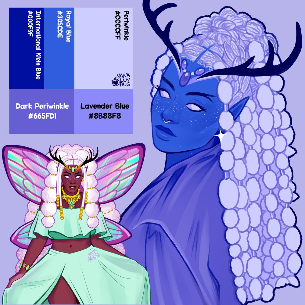 ID: A digital art image of a color study. The artist uses a periwinkle and lavender palette to recreate a character design. The central figure is styled as a black fairy with light hair in bubble braids, black antlers, light freckles and white eyes.