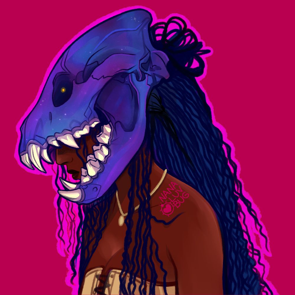 Three digital art images of black women with animal bones. A dark-skinned black woman with long thin braids that trail down her back. Most of her features are obscured by the large hyena skull she is wearing. Only the side profile of her chin can be seen through the jaw of the hyena . She wears a small gold necklace and tan corset. She is set against a fuchsia background.