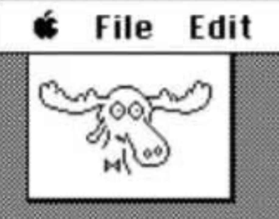 The original Talking Moose app on classic Macinstosh operating systems. It’s a cartoon moose with normal eyes, a snoot, and a cute little bow tie 