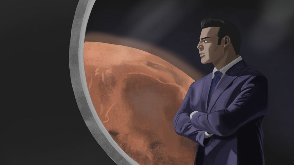 A man looking in a blue suit looking at Mars through a round window