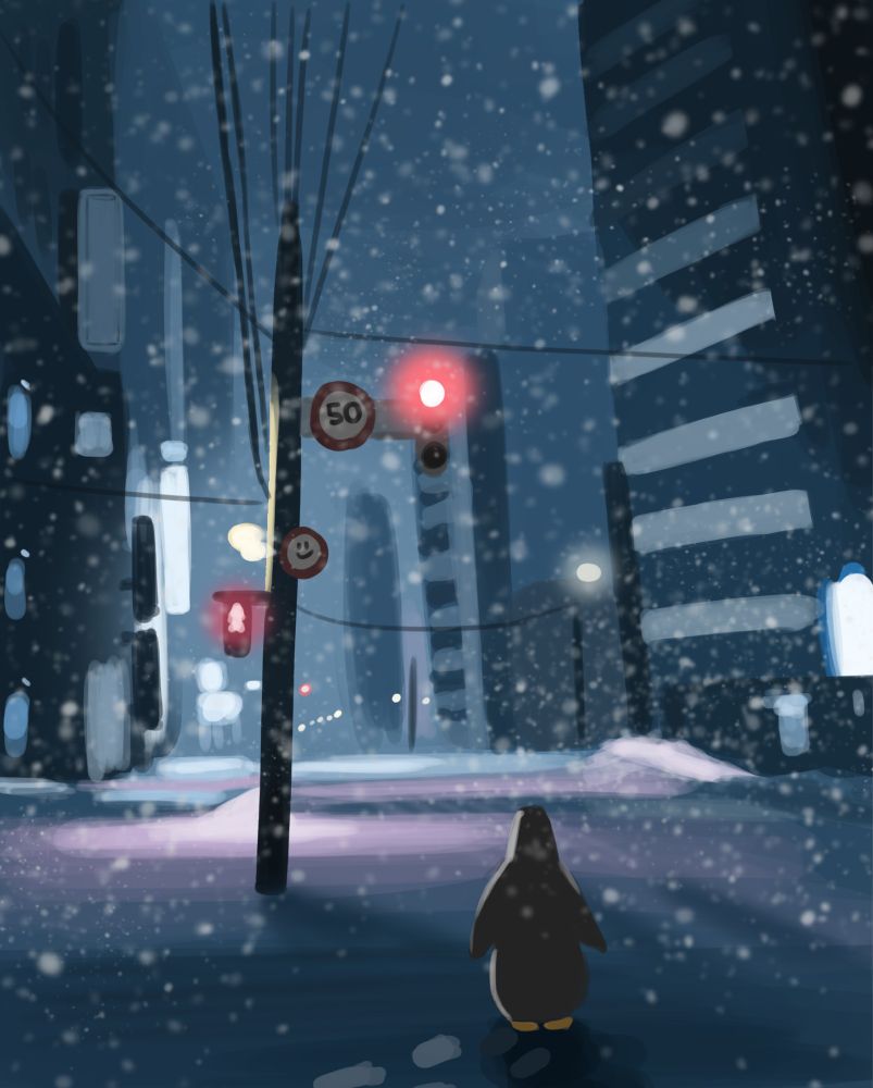 Snowy city with bright lights and a penguin walking around.