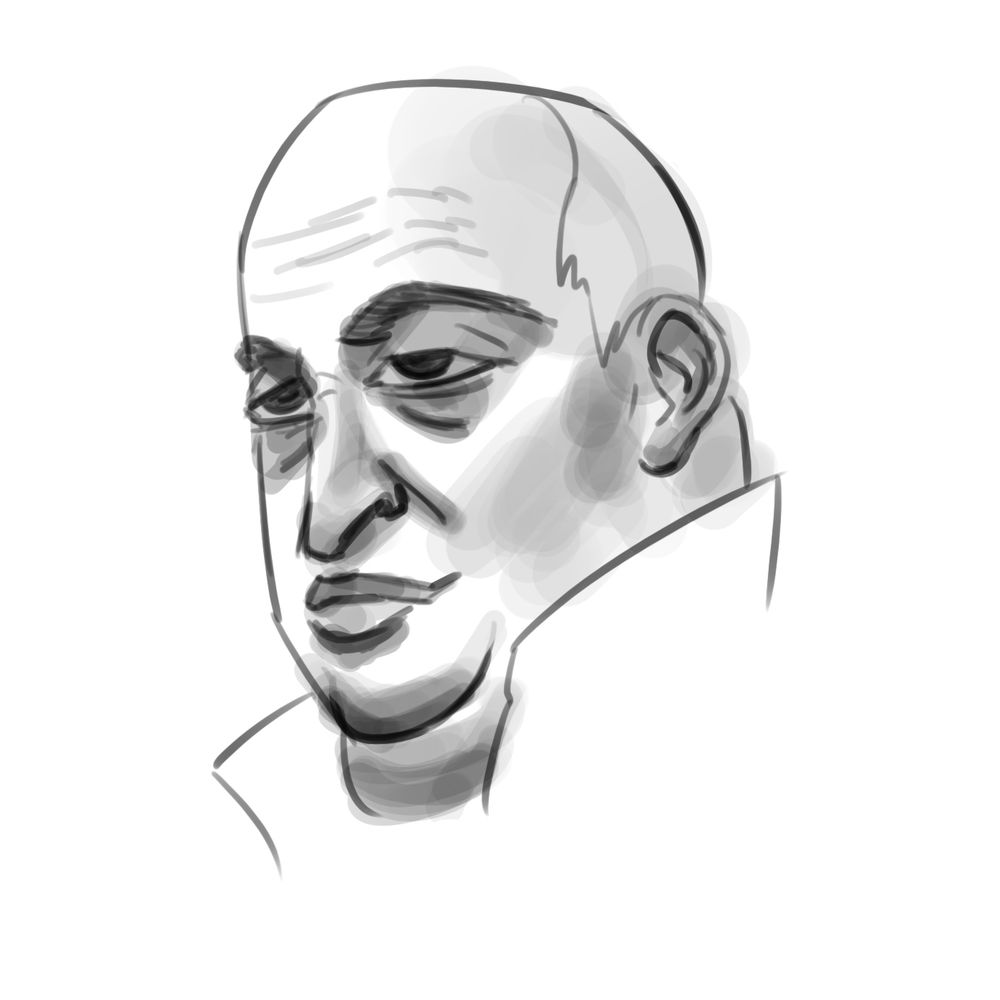 bald middle aged man with a double chin slightly smiling