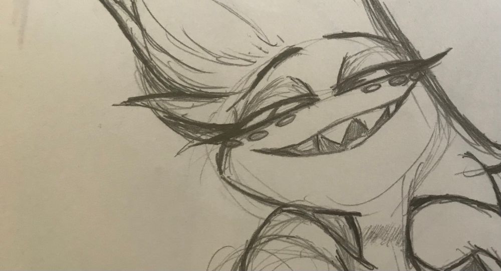 Cropped pencil sketch of Angel Dust looking down all sexy like, toothy smile, one shoulder raised and bare, the other just barely covered by the robe 