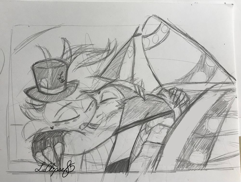Pencil sketch of Angel Dust and Husk snuggling on the couch of the hotel lobby. One of Husk’s wing covers Angel, while Angel’s lower set of arms hugs him 💕