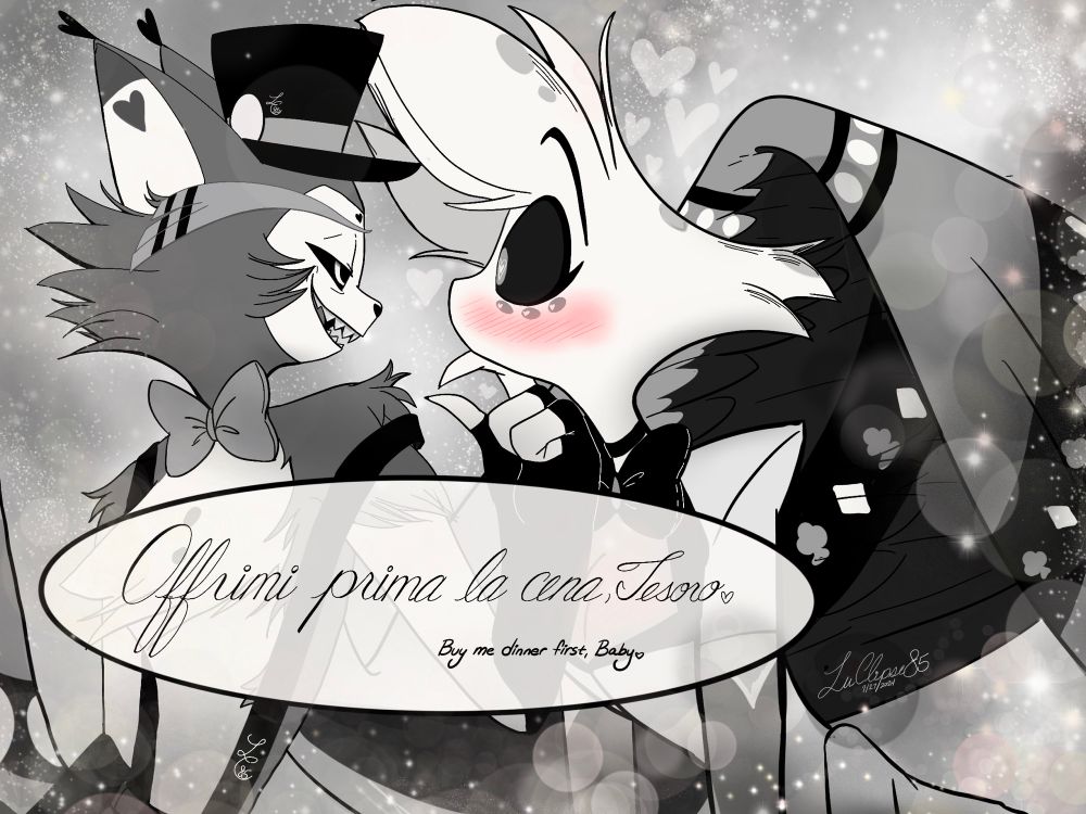 Grayscale of Husk seduc- I mean flirting with Angel, tilting his chin so he’s looking into Angel’s eyes. Husk’s wing hovering over him, and the background looking like something out of a shoūjo manga 

Husk (with THAT VOICE): Offrimi prima la cena, Tesoro🩷 

English translation beneath: “Buy me dinner next time, Baby🩷”