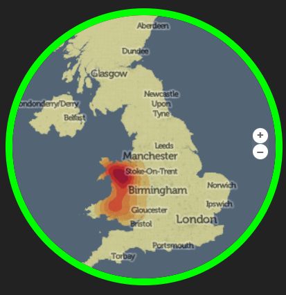 The same map for my mum's surname, showing it almost exclusively in Wales and brightest in north Wales - a bit odd considering we haven't found any Welsh in the family tree.