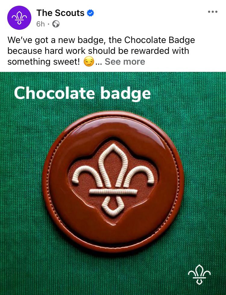 A circular Scout badge with a fleur-de-lis in the middle that looks like it’s made out of nice shiny chocolate