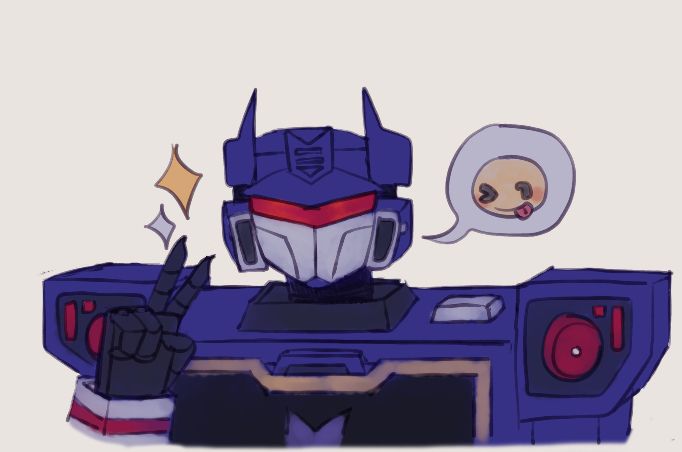A digital drawing of Soundwave from the hit cartoon show Transformers: Robots in disguise. 

The artist has added their own spin on his appearance. Such as a more angular helm on the sides — giving the illusion that he has horns or animalistic ears. Soundwaves mask guard seems to be a mix between his IDW comic appearance and Cyberverse. Instead of the plain blocky shoulder look — his shoulders have speakers on from the front view. Soundwave within this drawing doesn’t have his shoulder cannon on him.

The artist has drawn Soundwave from mid-torso up, doing a peace sign with his right hand. A speech bubble is to the viewers right side of an emoji having one of its eyes closed and the other one open. Indicating that Soundwaves stoic manner has been watered down by the artist to show a more ‘humane’ side to Soundwave to be more relatable or understood.