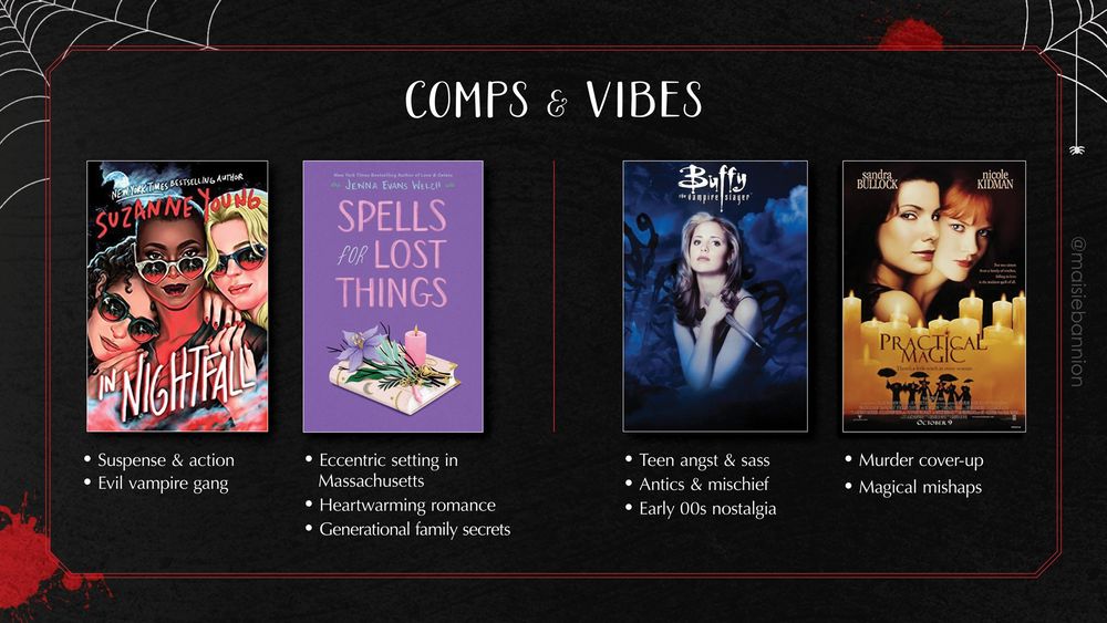 COMPS & VIBES: In Nightfall by Suzanne Young (suspense & action, evil vampire gang), Spells for Lost Things by Jenna Evans Welch (eccentric setting in MA, heartwarming romance, generational family secrets), Buffy the Vampire Slayer (teen angst & sass, antics & mischief, early 00s nostalgia), Practical Magic (murder cover-up, magical mishaps)