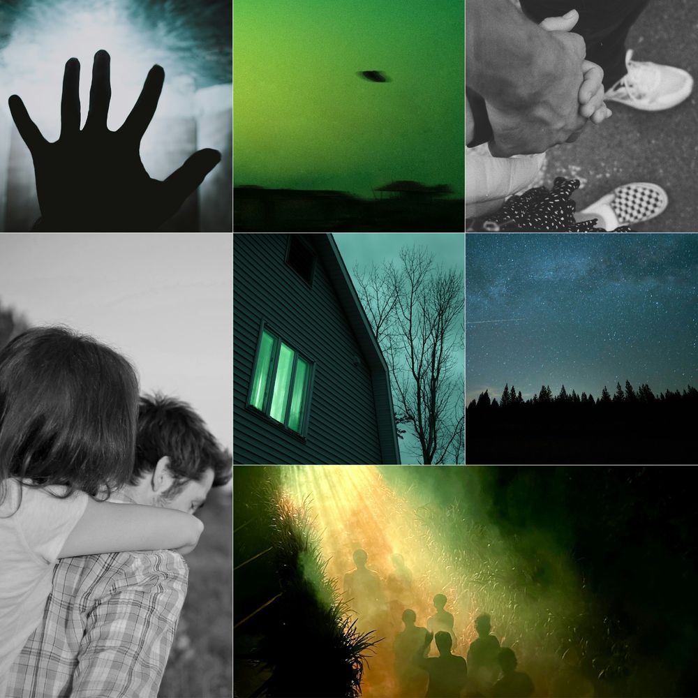 Moodboard images from left to right: silhouette of a hand against a mysterious white glow, UFO darting across a green sky, hand holding, boy giving a girl a piggy back ride outdoors, a house with an eerie green light in the window, starry night sky with trees, a group of people emerging from the woods in a yellow and green glow