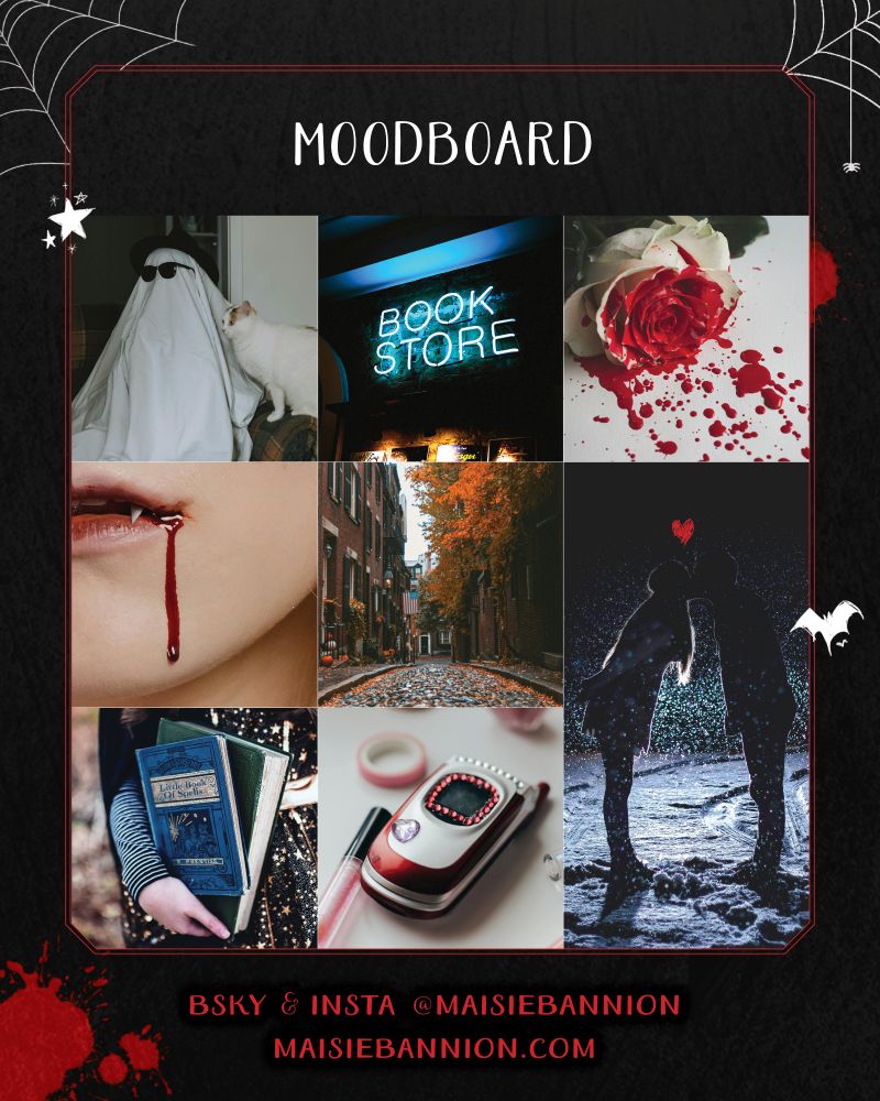 MOODBOARD: image collage of a cobblestone Salem sidewalk with fall foliage, fanged mouth dripping blood, ouija planchette, sheet ghost chilling with sunglasses and a cat, white rose splattered with blood, a couple kissing on a dark snowy night, blue and green spellbooks, a blue neon bookstore sign, and a bedazzled flip phone next to a tube of lip gloss

Bsky & Insta @maisiebannion / maisiebannion.com