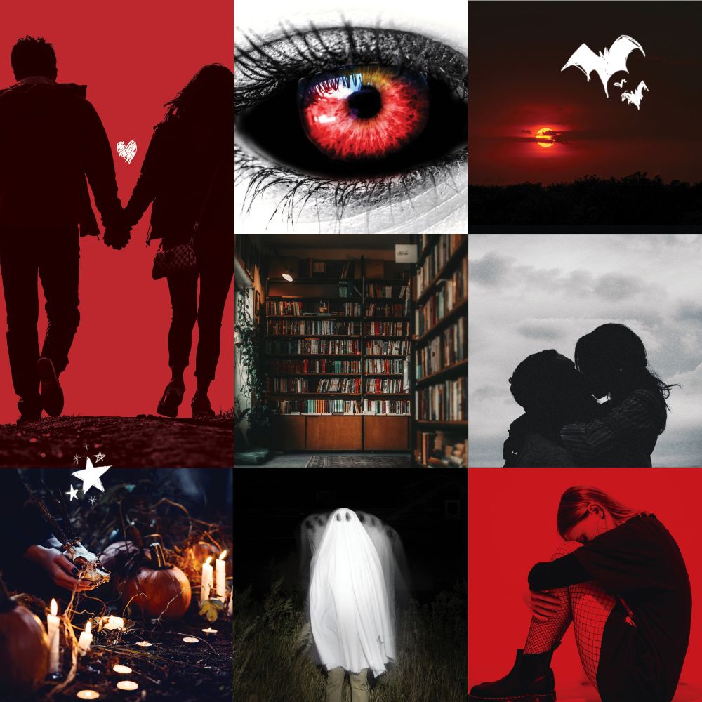 Moodboard collage, images from left to right, top to bottom:
Red-tinted photo of couple holding hands, witchy spell scene with candles and pumpkins; closeup of a black and red colored eye, store bookshelf, faded photo of a sheet ghost; red sunset, silhouette of couple kissing, red-tinted photo of a girl hugging her knees