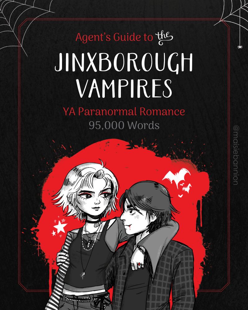 Agent's Guide to The Jinxborough Vampires, YA Paranormal Romance, 95,000 words. (Image description: character art of a witch girl and vampire boy, embracing and smiling at one another)