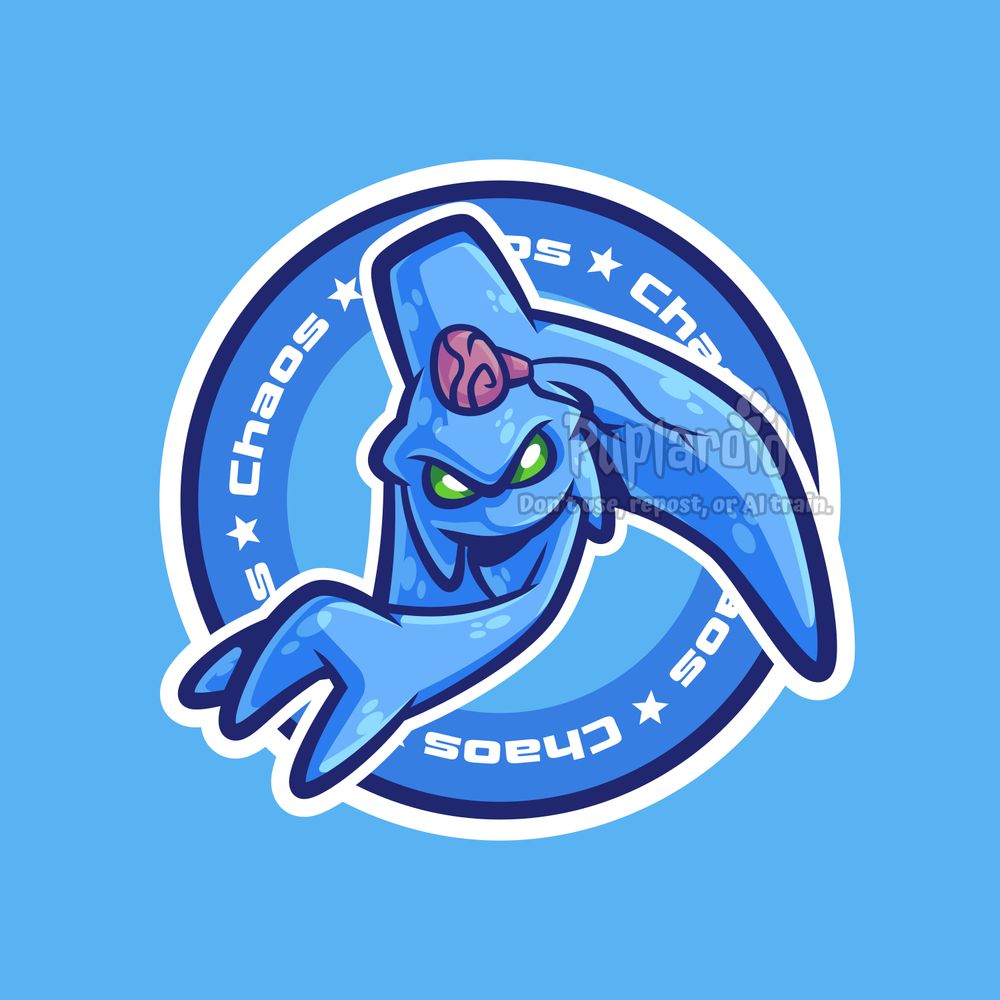 A digital vector artwork of Chaos, a water deity from the Sonic the Hedgehog series. It is drawn in a badge style, with the character in the middle, reaching his left arm towards the viewer, while looking simultaneously. He has green eyes, a hand with three fingers, a body made of water, and his brain can be seen inside the body. Behind him, there's a circular badge background with various variants of blue, with the word "Chaos" written in the Sonic Adventure 2 font, and little stars being warped around in a circular shape.