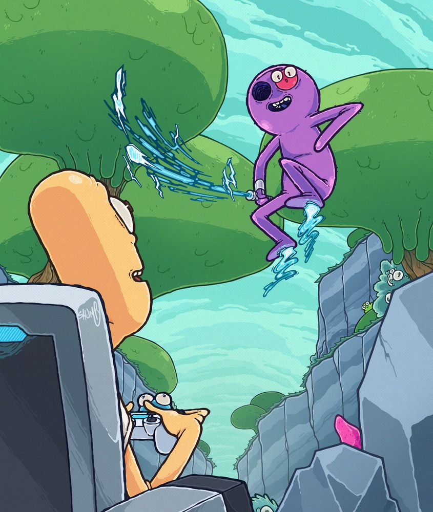 A fanmade illustration of Trover Phillips and the Chairorpian on 'Shleemy World' (Trover Saves the Universe).