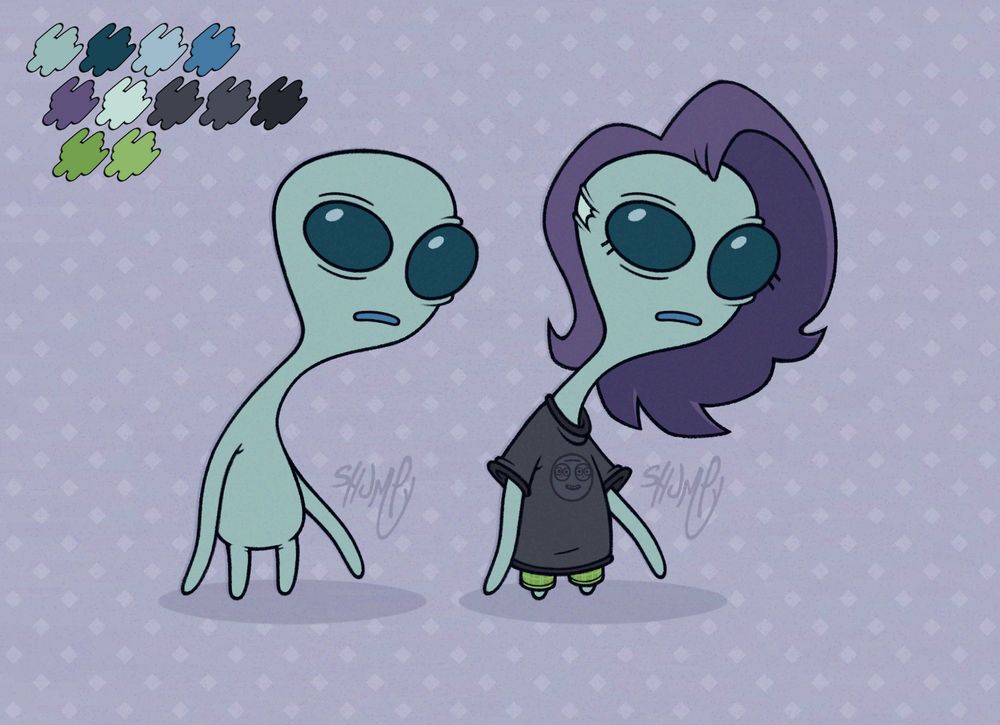 Art reference for a simple cartoon artsona. It's a little grey alien with noodle-style limbs and wonky eyes. On the left is a plain, generic "nude" presentation for the alien. On the right, its got a wig taped to its head and is wearing ill-fitting clothing. The t-shirt features a doodle of Trover's face from the game 'Trover Saves the Universe'; which is the artist's favorite game.