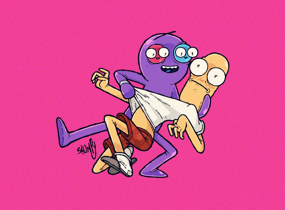 A fan illustration of Trover and the Chairorpian from 'Trover Saves the Universe' being in love and stupid.