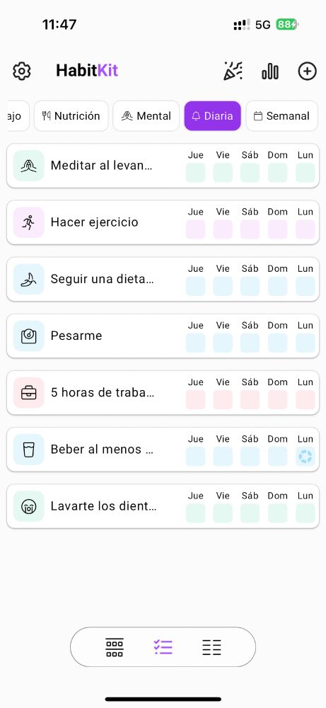 Captura de mis propósitos de año nuevo gestionados en HabitKit