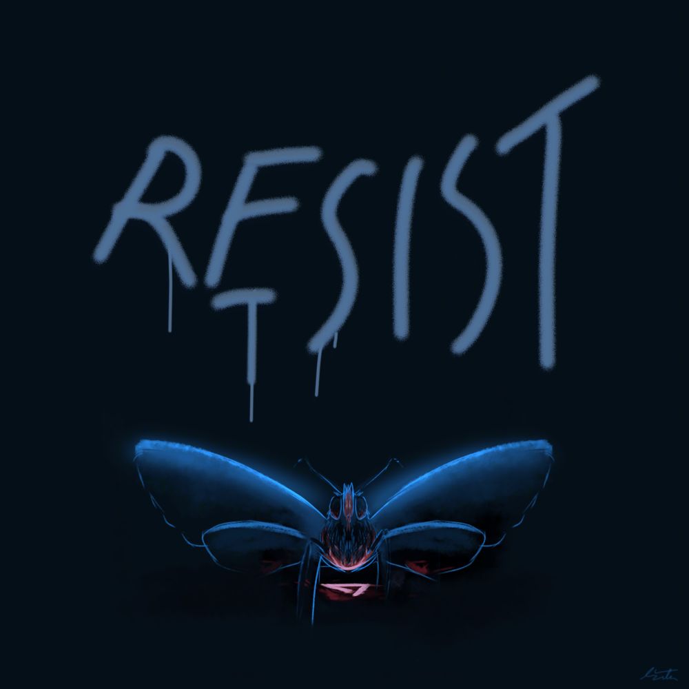 A blue butterfly standing over an adobe logo. “Resist” is spray painted above it
