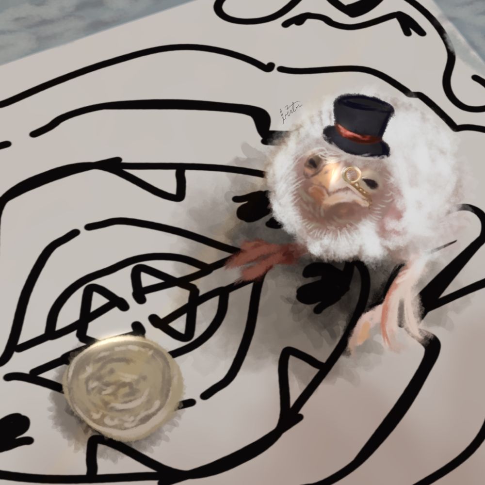 A painting of a pygmy falcon baby near a quarter. The falcon wears a monocle and a top hat.