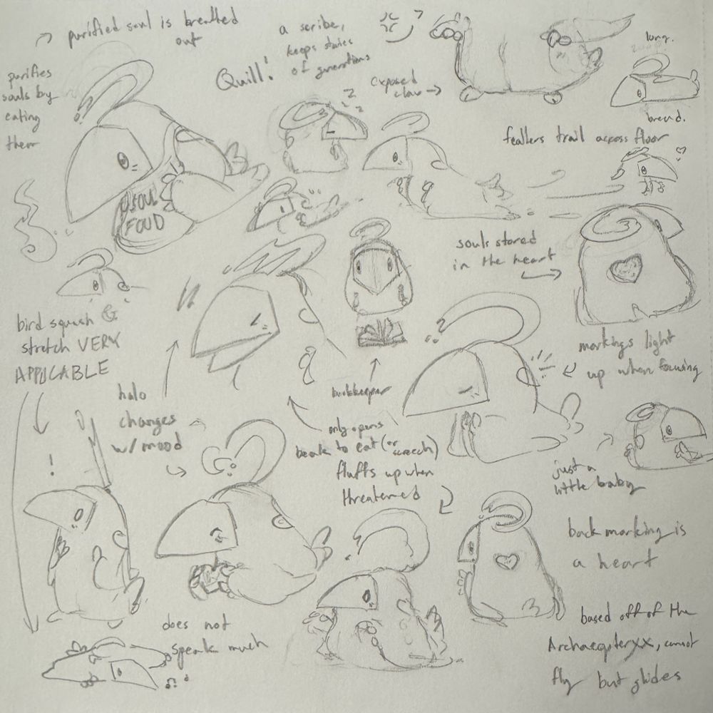 Doodles of a small bird creature named Quill.