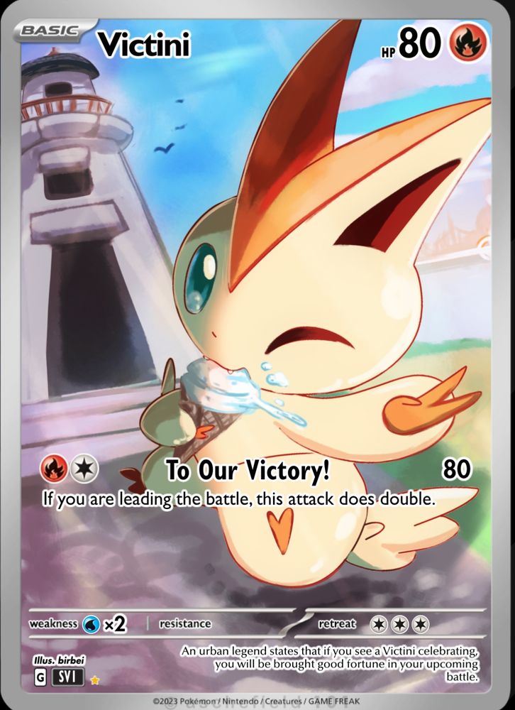 A fake Victini card. It depicts a Victini eating ice cream in front of Liberty Tower.