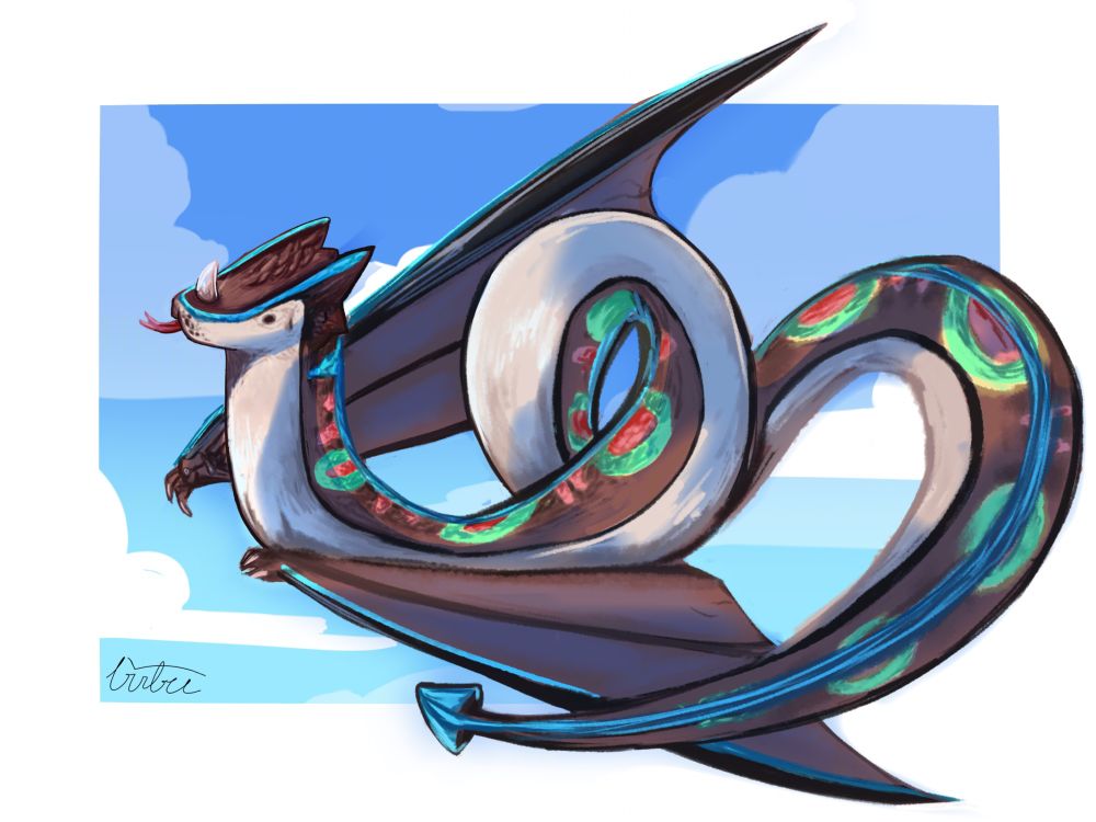 A long dragon creature curled around an image of a blue sky