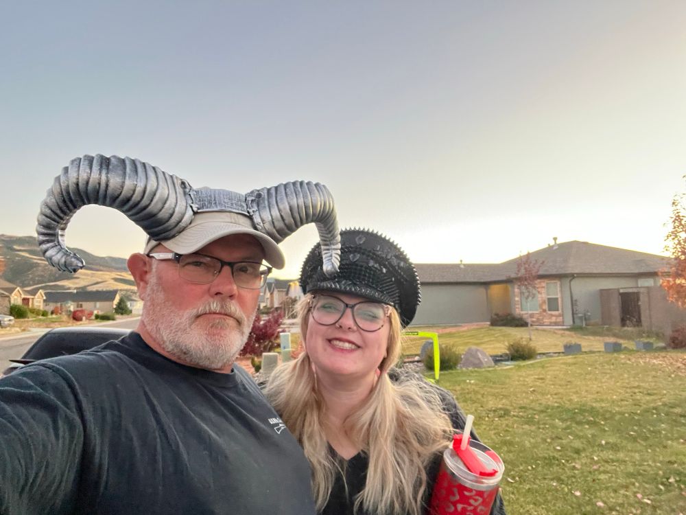 Old dad, and his not quite as old daughter trick or treating 