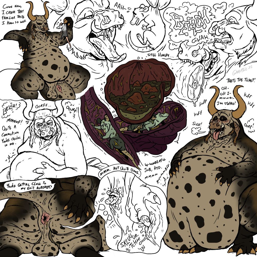 A sketch page depicting; vore (anal to a degree??) endo, full tour, internals, anus, balls, weight gain, slime, and gas/burps.