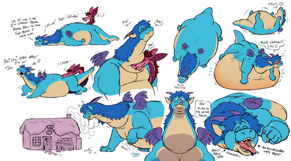 various poses of cedrill as a dragon (noya is there too), he is a fat, lazy and incorrigible beast who will eat anything you give him, in fact he will overeat if you let him. (dragon, fat fetish, stuffing)