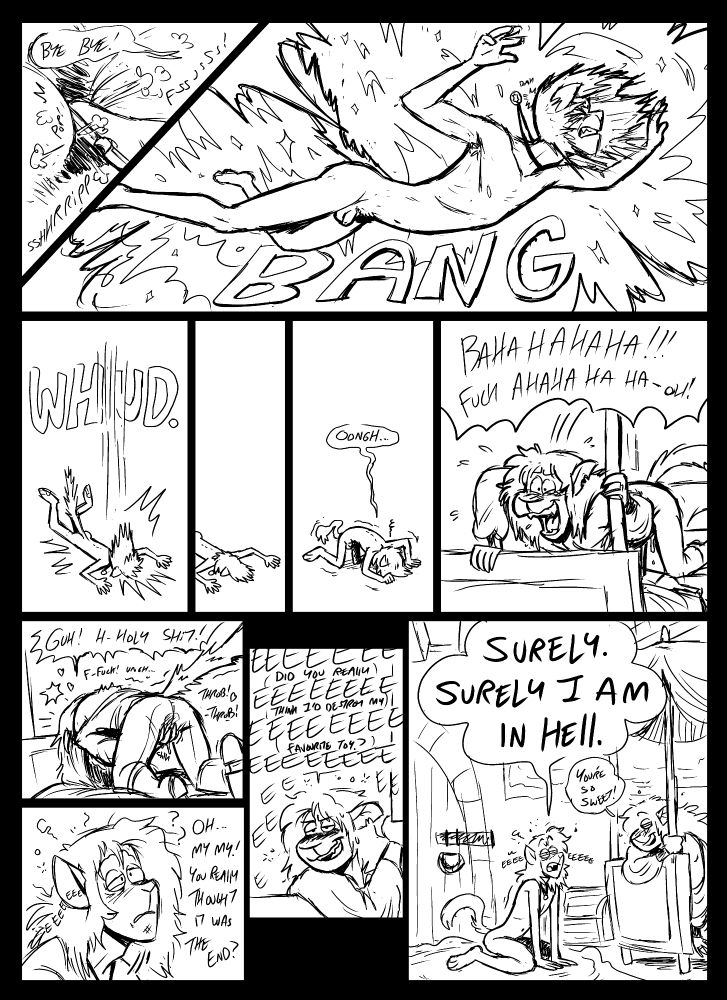 Cedrill explodes, but is whole under his flying fleshy scraps, he smacks into the floor, ears ringing from the bang, Zarlo orgasms after laughing at his favourite victim, Cedrill is right to think he died and went to hell.