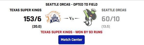 screenshot of the match results between the Seattle Orcas and the Texas Super Kings on Jun 16th - Seattle ended 60 runs for 10 wickets after 13.5 overs (Texas finished 153 for 6)