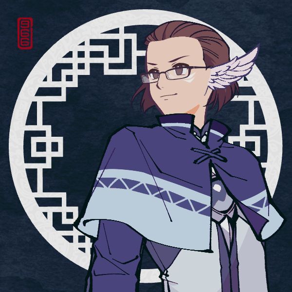 An air genasi (descendant of elves, humans, and an air genie). His ears are covered in white feathers. He has light skin, rectangular glasses, and blue clothes.