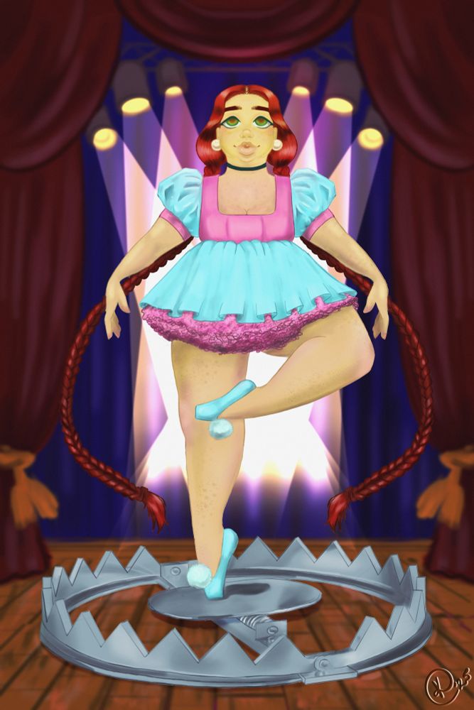 Illustration of a Plus size ballerina balancing on a bear trap without triggering it, all while on a stage. 
