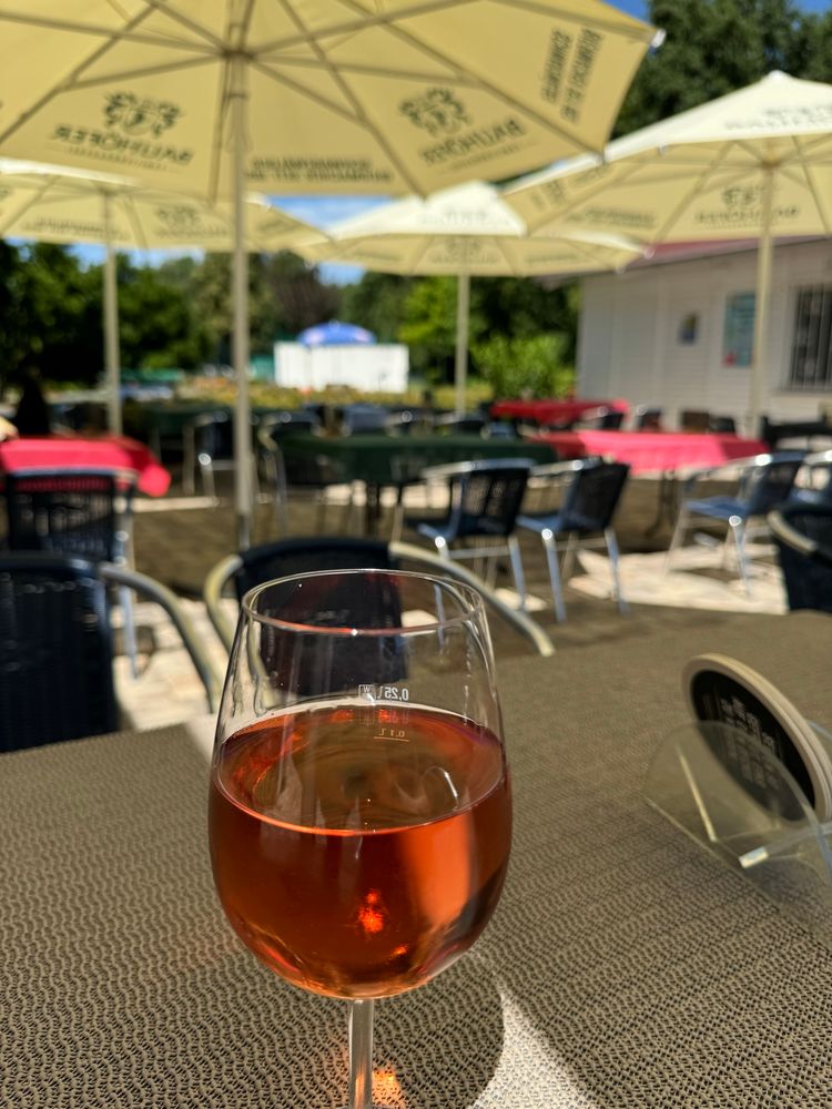 Nach dem Schwimmen ein Besuch beim Minigolf. Ein Glas Rose Wein mit dem Minigolf im Hintergrund 