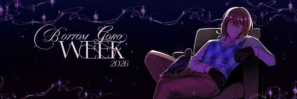Bottom Goro Week 2026 banner drawn by @mrbadjokes.bsky.social. The banner depicts Goro Akechi from Persona 5 / Persona 5 Royal lounging on a leather chair relaxed, a smirk on his face. He sits in a purple shadow with an aura of confidence despite his sprawled position. A crow sits perfectly on his thigh. He faces the viewer head on.